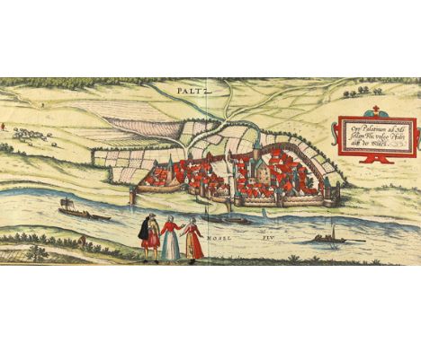 Pfalzel an der Mosel.: Paltz. Gesamtansicht von der Höhe. Radierung aus Braun und Hogenberg, um 1580. 17,5 x 38,5 cm. - Gerin