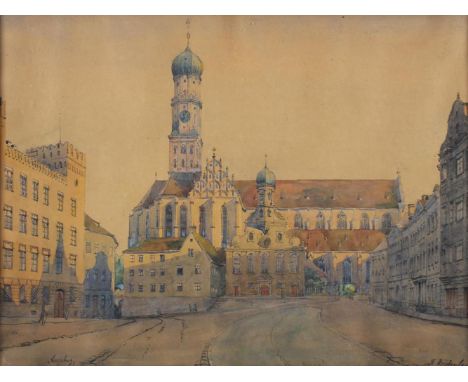 Weidenbacher, Josef: (1886 Füssen - war ansässig in Augsburg). Augsburg, St. Ulrich und Afra. Aquarell. Ca. 37 x 50,5 cm. Sig