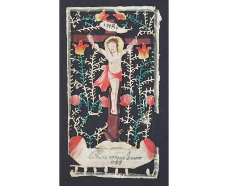 Jesus am Kreuz.: Kolorierter Scherenschnitt, 18. Jh. Ca. 9 x 5 cm. - Randfehlst.  ╔Dabei: Taufbriefe.╗  Sammlung von 8 Taufbr
