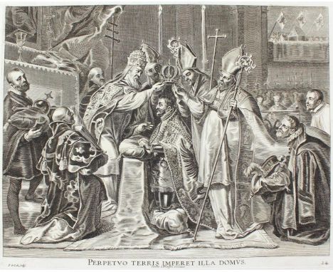 Jode, Pieter II. de: (1604/1606 Antwerpen - England nach 1674). Krönung Karl V. Kupferstich auf Bütten aus d. Serie: Sereniss