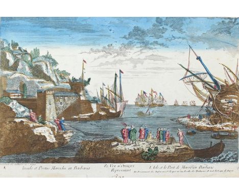 Portus Marochu.: L'Isle, et le Port de Maroe en Barbarie. Kol. Kupferstich. Guckkastenblatt, Paris bei Lachaussee, um 1780. T