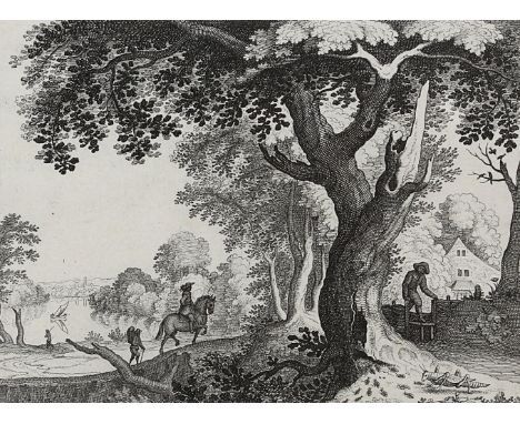 Visscher, Claes Jansz. II: (1586 Amsterdam 1652). Landschaft mit d. Fabel vom Grashüpfer. "Beter gesorcht als geborcht". Kupf
