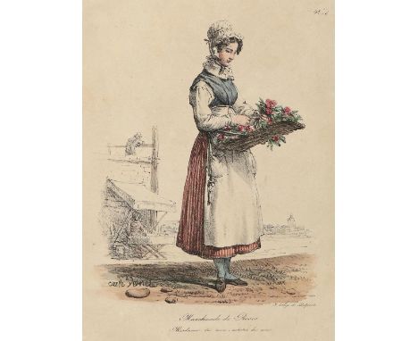 Kaufrufe.: 6 Bl. (3 x bei Hermann in München, 2 altkol. Baset u. 1x Rosenverkäuferin v. Delpech). 19. Jhdt. Gr.4°. - Ein Bl. 