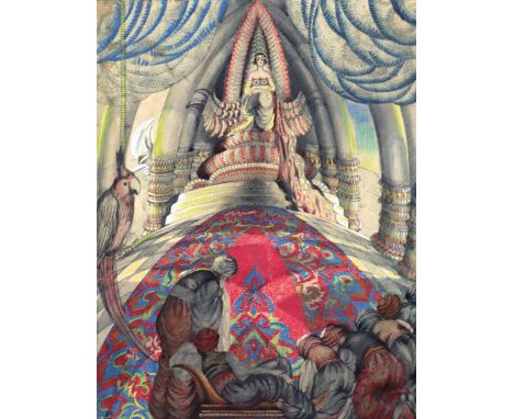 Nosi, Gero: (19./20. Jh.). 2 Illustrationszeichnungen zu orientalischen Märchen (Art Deco). Weiß bzw. gelb gehöhte Aquarelle 