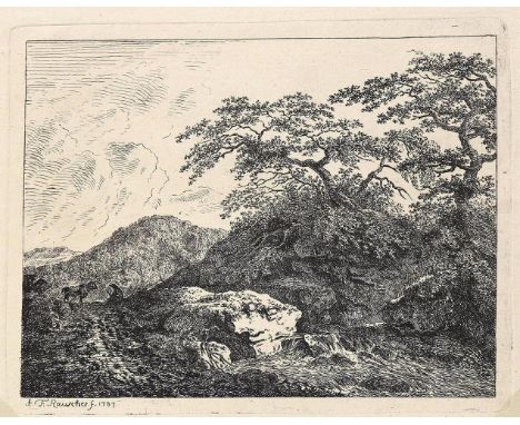 Rauscher, Johann August Friedrich: (1754 Coburg 1808). Aus einem Felsen kommender Fluss. Radierung. 1787. 15,5 x 20 cm. Sign.