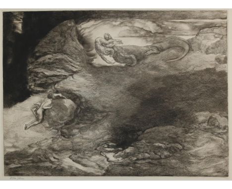 Jettmar, Rudolf: (1869 Zawodzie/Polen - Wien 1939). Apollo und Phyton. Radierung, 1936. 37 x 49,6 cm, Blgr. 48,5 x 61,5 cm. U