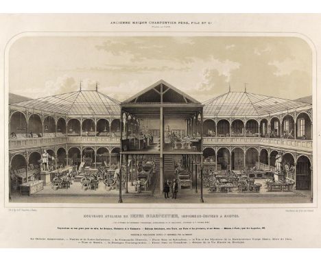 Nantes.: Nouveaux Ateliers de Henri Charpentier, Imprimeur-Éditeur à Nantes. Getönte Lithographie v. Féix Benoit bei Charpent