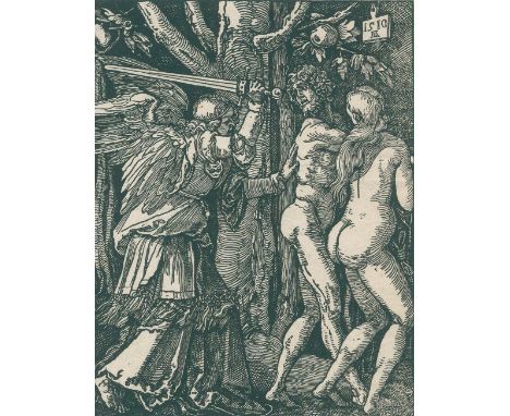 Dürer, Albrecht: (1471 Nürnberg 1528) Kopie nach. Vertreibung aus dem Paradies. Holzschnitt auf Bütten mit WZ wohl "Kleines V