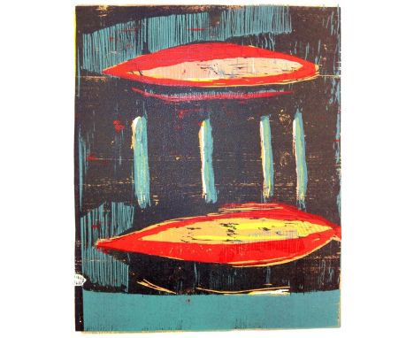 Zaumseil, Uta: (1962 Greiz). Peter Mell 16.3.95. Farbholzschnitt auf Johannot, ca. 1995. 36 x 44, Blgr. 76,5 x 57 cm. Sign. u