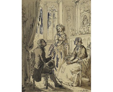 Süs, Gustav: (1823 Rumbeck - Düsseldorf 1881). Personengruppe in herrschaftlichem Haus. Lavierte Tuschezeichnung. Ca. 14,7 x 
