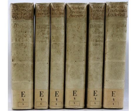 Clericatus,J.: 9 Schriften in 6 Bdn. Mischaufl. Venedig, Poletus 1720-27. 4°. Mit 1 gest. Portrait-Front. Prgtbde. d. Zt. mit