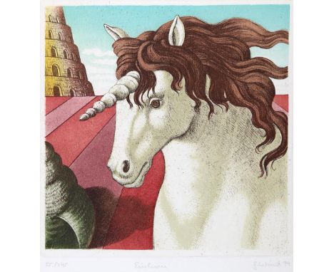 Wind, Gerhard R.: (1938 Wien). "Einhorn". Mit Schneckenhaus u. Turm zu Babel. Farbradierung 1979. 25,5 x 25,3, Blgr. 68 x 50 