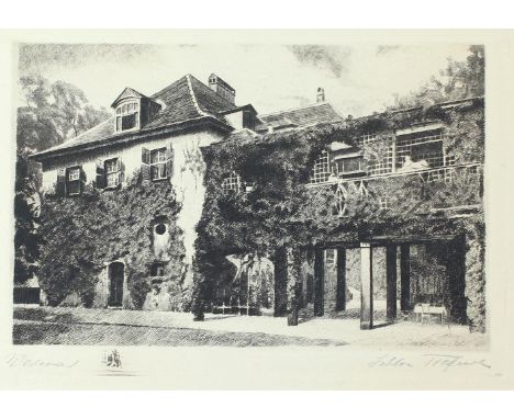 Weimar.: Goethes Gartenhaus. Radierung. 1920. Plgr. 18 x 23,5 cm. Unter Passep.  ╔Dabei:╗ Branktes Haus in Weimar. Radierung.