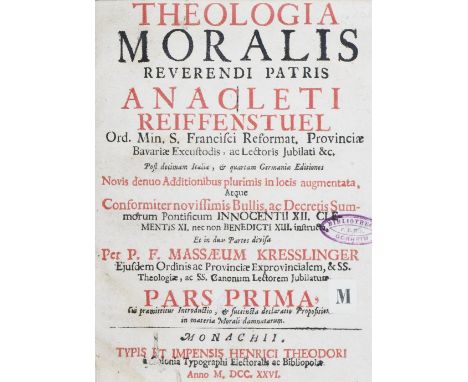 Reiffenstuel,A.: Theologia moralis... novis denuo... per M. Kresslinger. 2 Tle. in 2 Bdn. Mchn., Theodor 1726. Kl.4°. 44 Bl.,