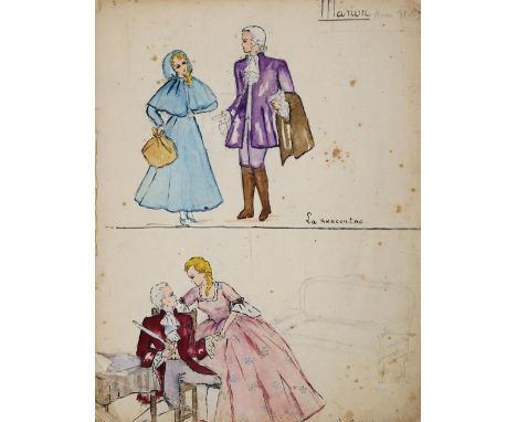 Theater.: "Dessin" (Deckeltitel). Heft mit 78 farb. Zeichn. auf 20 Bl. 1938-46. 4°. 19 Opern / Operetten mit jeweils 4 Szenen