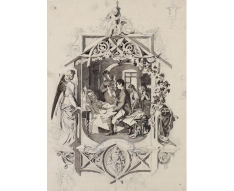 Machold, Joseph: (1824 Bennisch - Wien 1889). Im Bett liegende Person, von Familie umgeben. Aquarell. Bleistiftzeichnung, woh