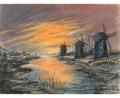 Veen, M. van der: (20. Jh.). Watermolens. Flußlandschaft mit Windmühlen (Wassermühlen) im Abendrot. Kreidezeichnung auf graue
