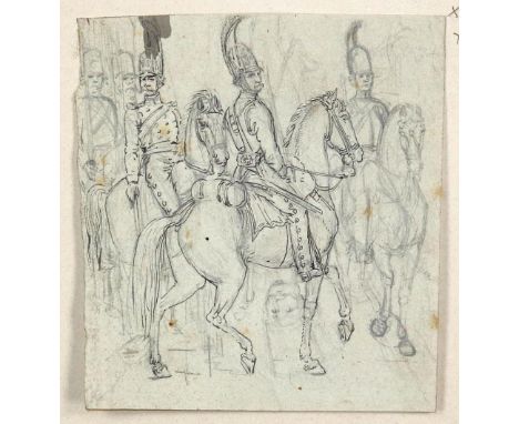 Rittmeyer, Emil: (1820-1904). Bleistiftzeichnung von Reitern in Uniform auf ihren Pferden, verso Zeichnung eines Mannes. Wohl