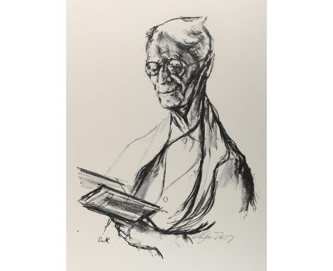 Kreibich, Oskar: (1916 Seifersdorf/Nordböhmen - Backnang 1984). Portrait Hermann Hesse von links, in einem Buch lesend. Litho