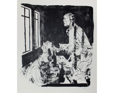 Kluth, Karl: (1898 Halle/S. - Hamburg 1972). Figürliche Komposition. Mann beim Essen schaut aus dem Fenster. Lithographie, 19