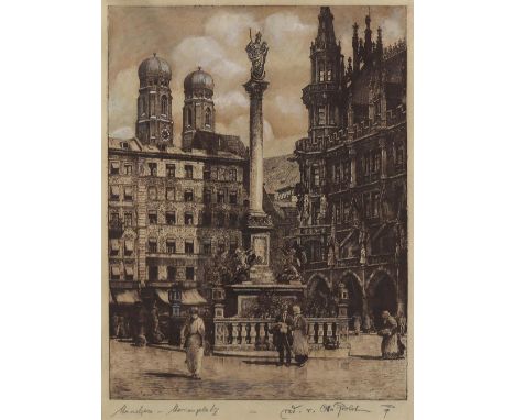 München.: Marienplatz. Weiß gehöhte Radierung v. Otto Probst. 1899. 35,5 x 26,5 cm.  Betitelt u. sign. Unter Glas gerahmt (ni