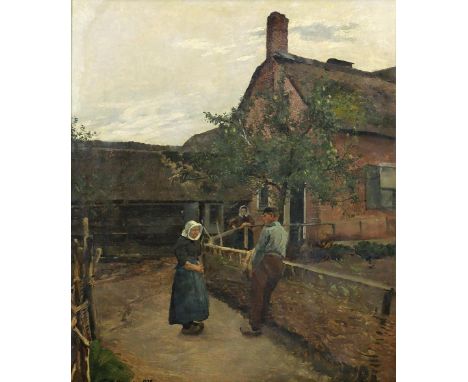 Kallmorgen, Friedrich: (1856 Altona - Grötzingen bei Karlsruhe 1924). Holländische Bauersleute am Gehöft. Öl auf Leinwand. Au