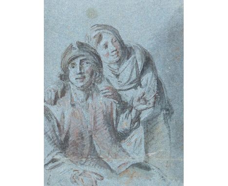 Junges Paar.: Anonyme Tuschzeichnung mit etw. Kolorit auf blauem Papier, wohl ╔Holland um 1700.╗ Blgr. 17,8 x 13,7 cm. Auf Ka