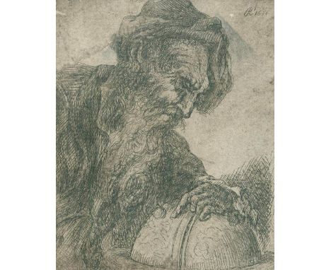 Rembrandt van Rijn, Harmensz: (1606 Leiden - Amsterdam 1669) nach. Brustbild eines alten, bärtigen Mannes, der über einen Glo