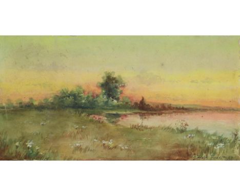 Anderson, G Adolph: (1877 Schweden, tätig in Amerika ab der Jahrhundertwende). Uferlandschaft im Abendrot. Feines Aquarell au