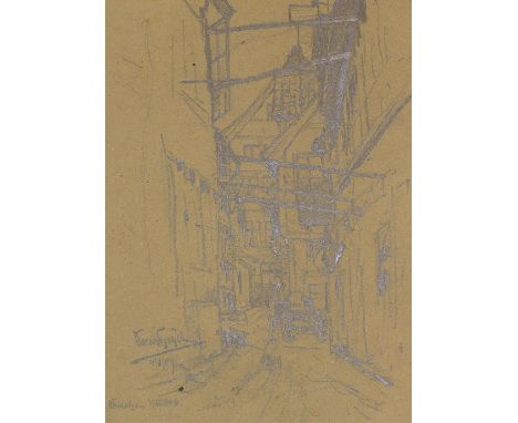 Hamburg.: Vorsetzen Hof No. 6. Kohlezeichnung v. Oscar Bögel (1871 Hamburg 1964) auf braunem Papier, 1909. Blgr. 31,5 x 26 cm