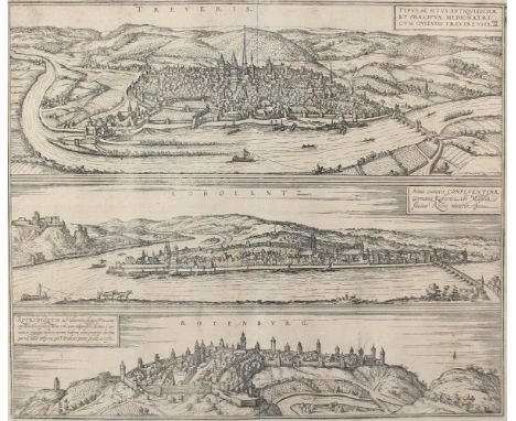 Trier, Koblenz, Rothenburg o.b. Tauber.: 3 Gesamtansichten untereinander auf 1 Bl. Radierung aus Braun &amp; Hogenberg, um 15
