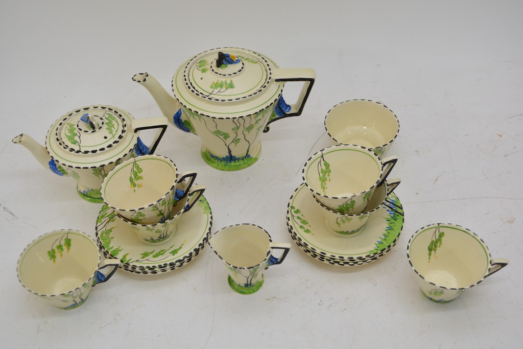 An Art Deco Burleighware eight piece 'Bluebell' pattern teaset painted ...