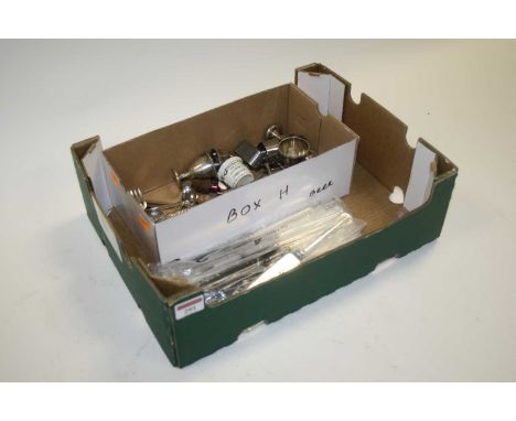 A box of silver plated wares, to include flatware, egg cups, knife rests etc 