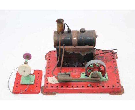 A Meccano stationary live steam engine and flywheel