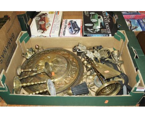 Two boxes of miscellaneous items, to include a pair of turned brass candlesticks, horsebrasses, oak cased mantel clock etc 
