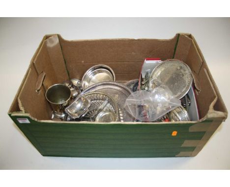 A box of miscellaneous silver plated wares, to include flatware, candlesticks etc 