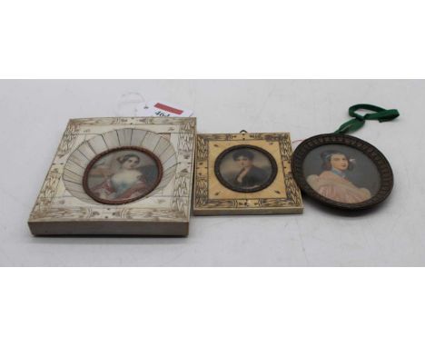 An early 20th century portrait miniature of a young girl, head and shoulders facing right, signed Sheila, 7 x 5.5cm; together