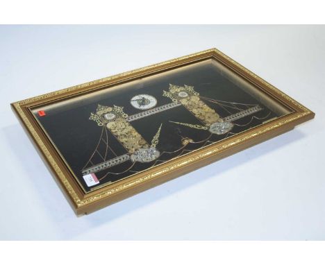A modern wall clock, the silver dial above a model of London Tower Bridge, made up of various clock parts and dials by D Elli