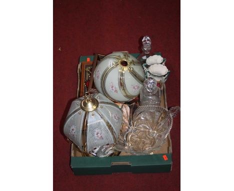 Two boxes of miscellaneous items to include table lamp, barometer, decanter and stopper, carnival glass bowl