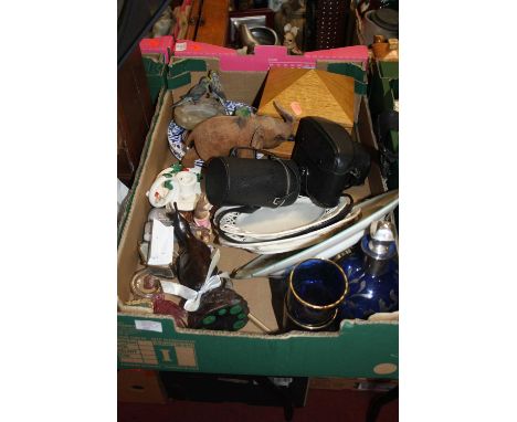 Two boxes of miscellaneous items, to include a mother of pearl reticulated model of a fish, pair of Victorian blue glass and 