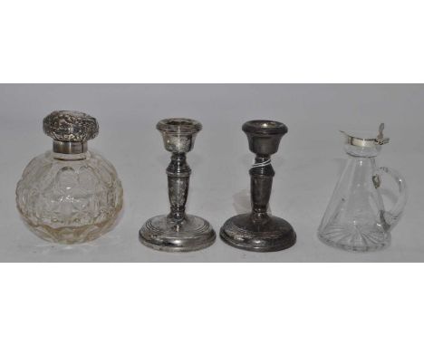 A silver lidded glass whisky noggin, h.10cm; together with a Victorian silver lidded cut glass scent bottle; and a pair of lo