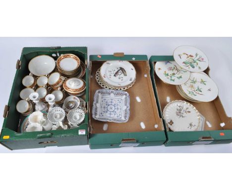 Three boxes of 19th century and later ceramics, to include a Regency period part tea and coffee serviceMeissen bird plate is 