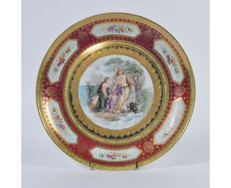 A Vienna porcelain cabinet plate, the centre painted with a Shakespearian scene of Oberon and Titania, intialled J.N.H., blue