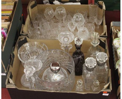 A box of miscellaneous glassware to include a ruby overlaid and etched glass liqueur decanter and stopper, etched mallet shap