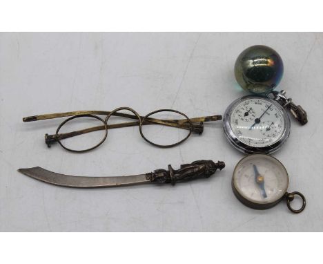 A box of miscellaneous items, to include a brass cased pocket compass, glass marble, antique spectacles etc
