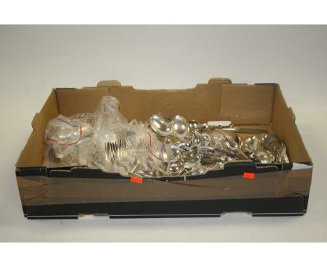 A box of mixed silver plated flatware