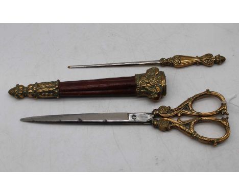 A vintage German brass and leather clad desk scissors and letter-opener set, 29cm
