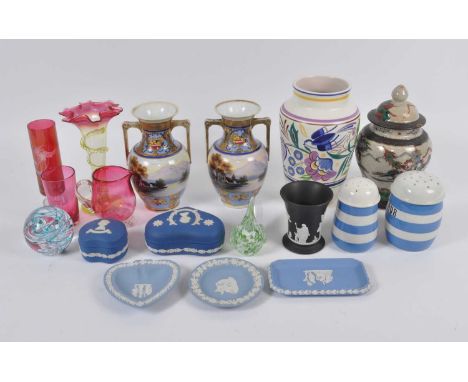 A box of glass and ceramics, to include a Poole pottery vase, a Chinese Nanking temple jar, and Wedgwood jasperware 