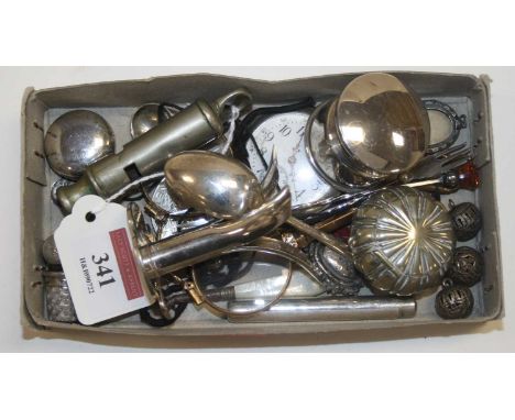 A box of silver and other items, to include pocket watch, table salt, whistle, button hook etc 