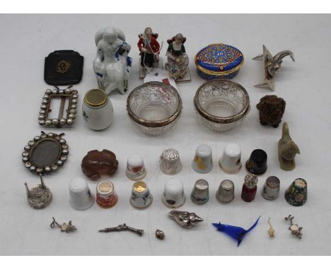 A box of miscellaneous items, to include a pair of miniature Naples porcelain figures, Halcyon Days enamel patch box, various